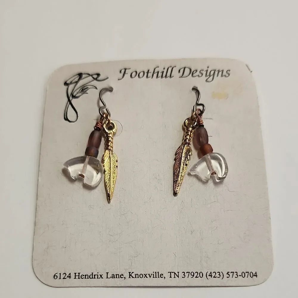 Foothill Designs Gold tone feather and Clear bear Earrings